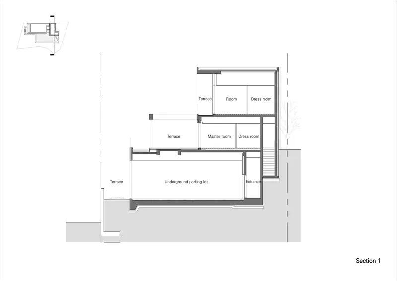 Section drawing showing three stacked floors above underground parking with stepped terrace levels