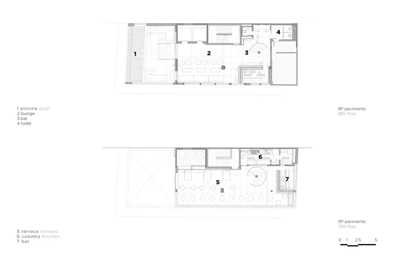 Floor plan drawings showing pool level with lounge and bar, and upper level with terrace and kitchen
