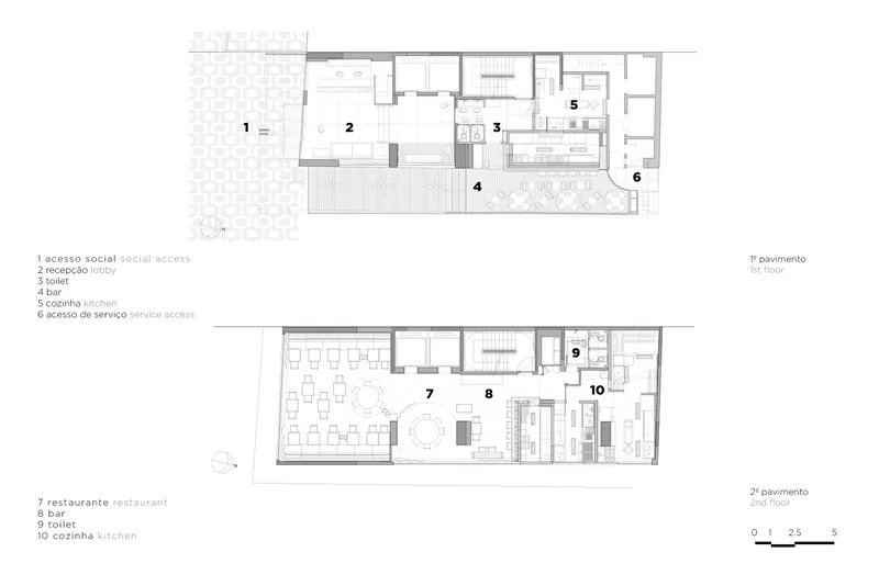 Floor plan drawings showing ground floor with lobby and bar, and second floor with restaurant and kitchen