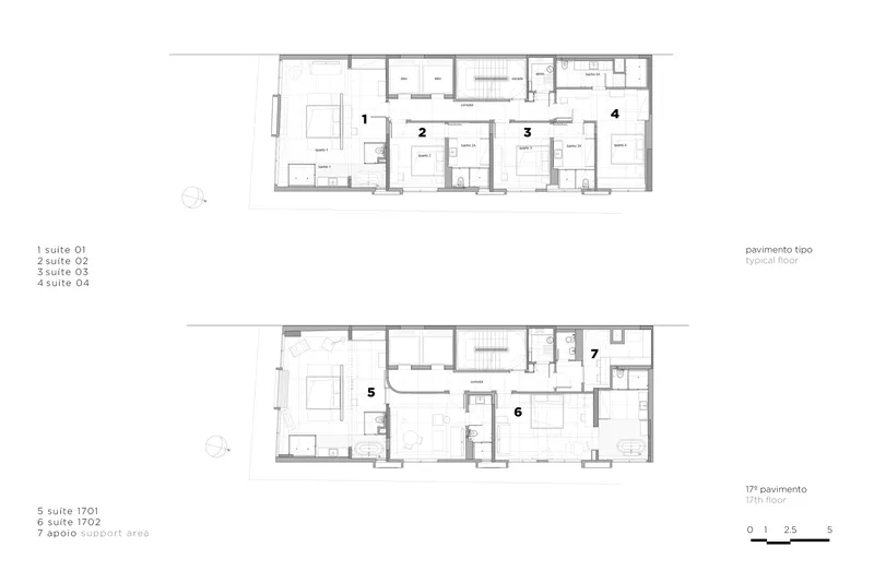 Floor plan drawings showing typical floor with multiple suites and seventeenth floor with two suites