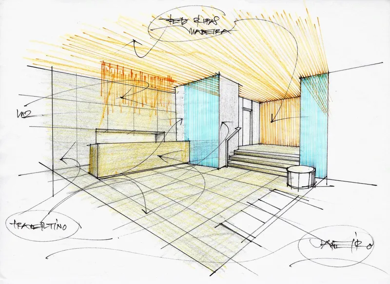 Perspective sketch showing reception desk, tiled floor, timber ceiling, and stairs with blue accent wall