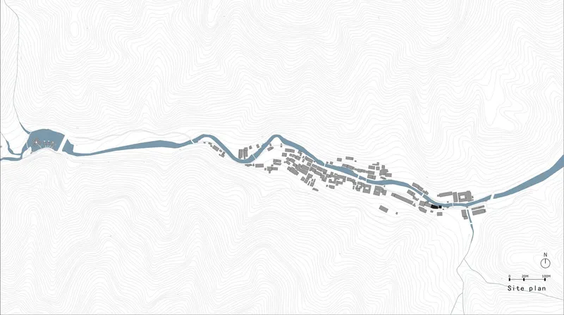 Site plan drawing with topographic contour lines showing the building footprint along a curving road