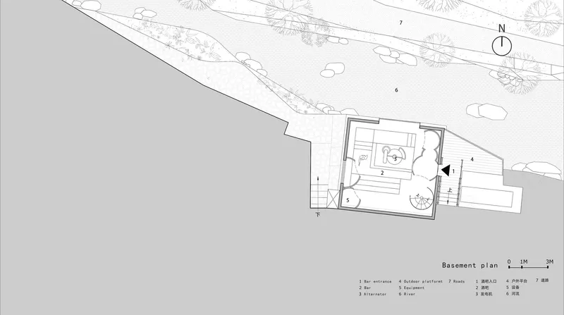 Basement plan drawing showing rooms and a staircase adjacent to sloped terrain