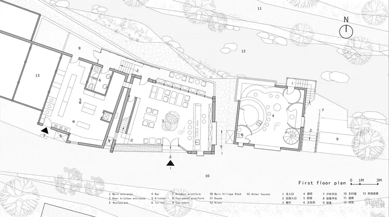 First floor plan drawing showing the dining area and curved courtyard with trees