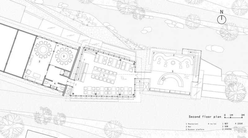 Second floor plan drawing showing dining areas, service spaces, and an arched performance or gathering hall
