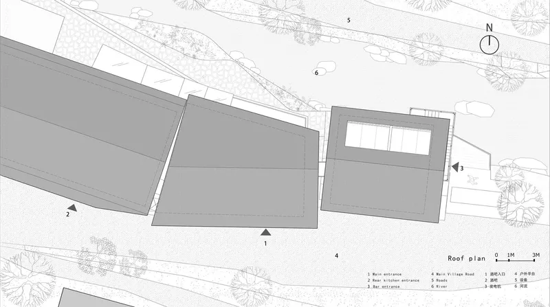 Roof plan drawing showing three pitched volumes with a skylight panel on the rightmost section