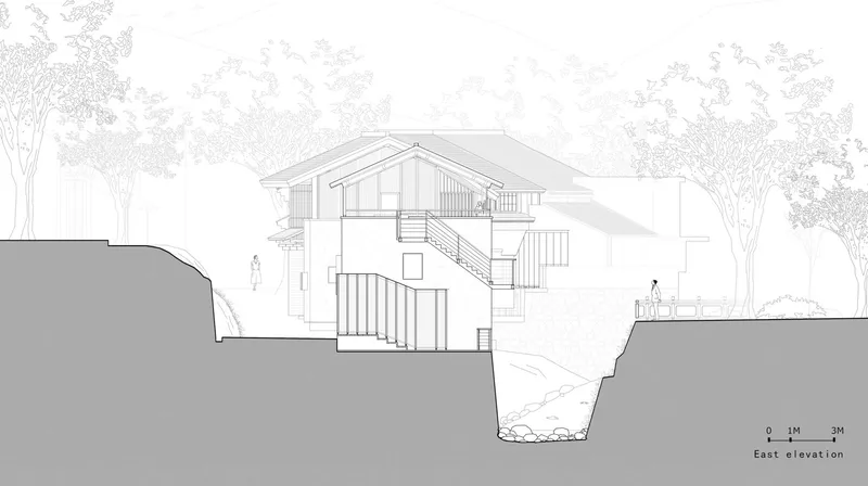 East elevation drawing showing tiered gabled volumes stepping down a sloped site with surrounding trees