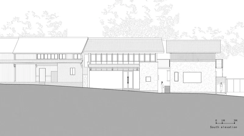 South elevation drawing showing textured masonry walls, vertical slat screens, and gabled roof forms with figures for scale