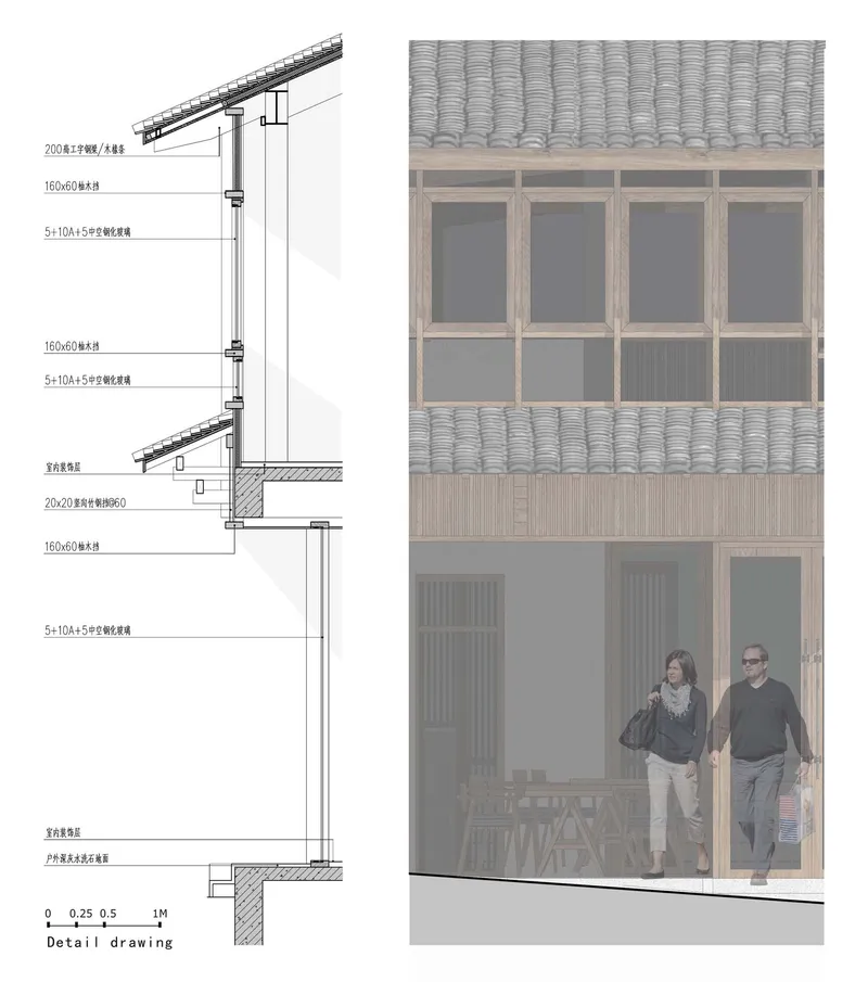 Detail section drawing with rendering of timber-framed facade showing tiled roof and two people inside ground floor