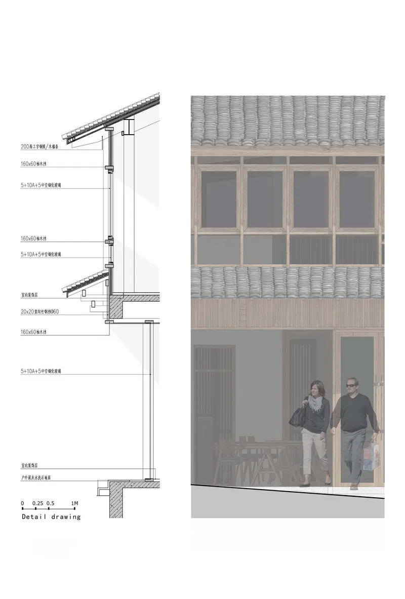 Detail section drawing paired with elevation rendering of wooden facade with tiled roof and interior figures