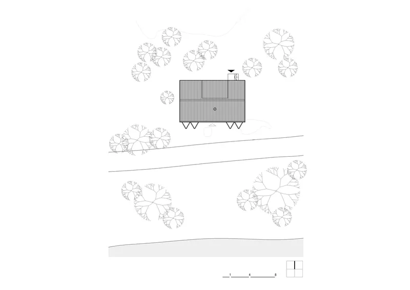 Elevation drawing showing the house on sloped terrain surrounded by schematic tree canopies