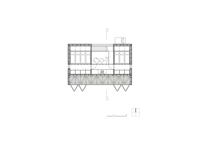 Floor plan drawing showing two flanking sleeping areas with triangular structural supports below