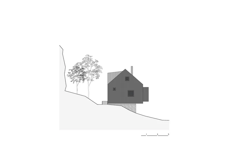 Elevation drawing depicting a gabled house on sloping terrain with neighboring trees