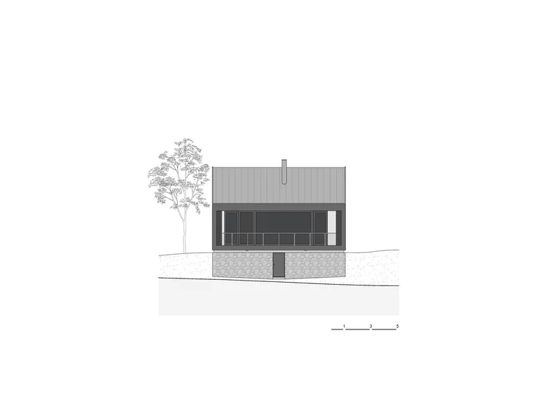 Front elevation drawing showing a two-story dwelling with stone base and vertical cladding