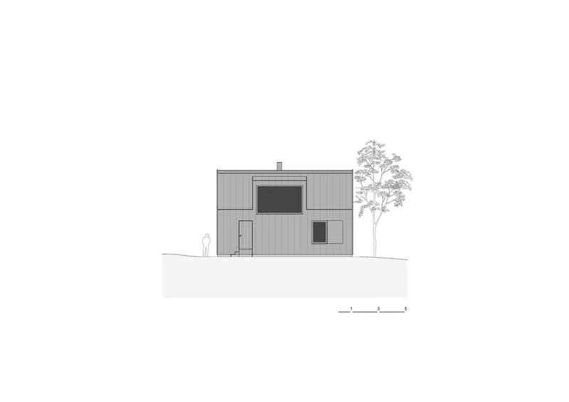 Elevation drawing of a clad facade with recessed openings and a figure for scale