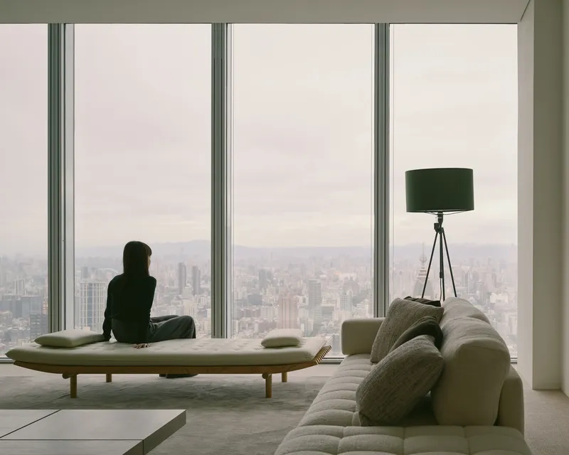 Person sitting on daybed by full-height windows overlooking the cityscape in soft afternoon light