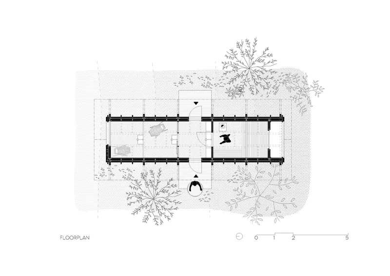 Floor plan drawing showing the rectangular layout with central circulation and surrounding vegetation