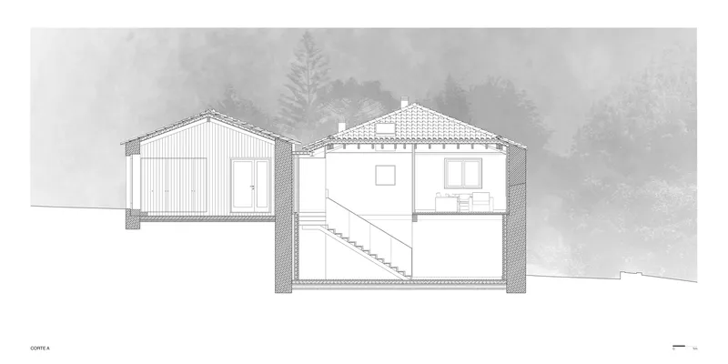 Section drawing revealing split-level interior with staircase connecting volumes under pitched roofs