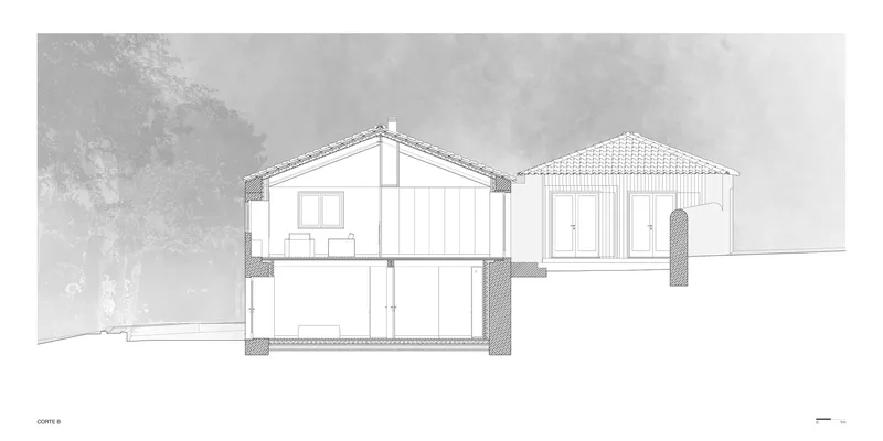 Section drawing showing two connected volumes with gabled and tiled roof profiles