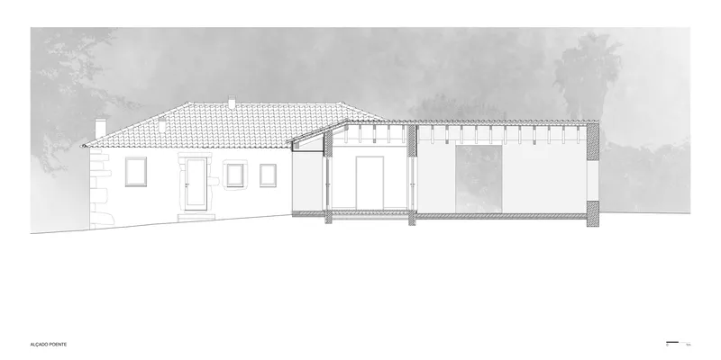 Elevation drawing showing the tiled-roof house with a covered porch connecting two wings against trees