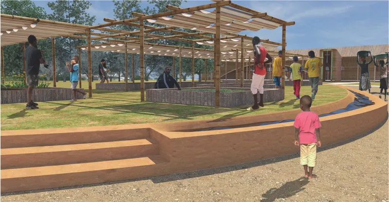 Outdoor learning and planting areas create a productive landscape for education, farming, and community interaction.