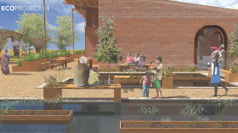 Water channels, planting beds, and shaded seating transform the chapel courtyard into a community gathering space.