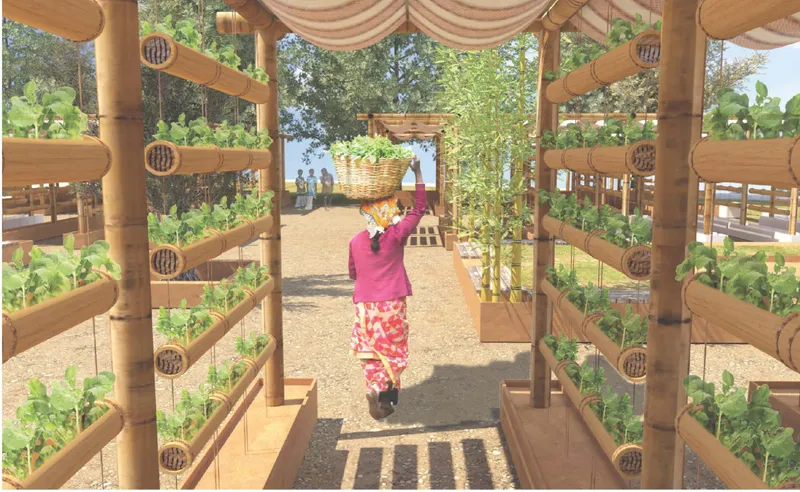 Vertical farming structures support local food production while connecting agriculture with the chapel’s ecological mission.