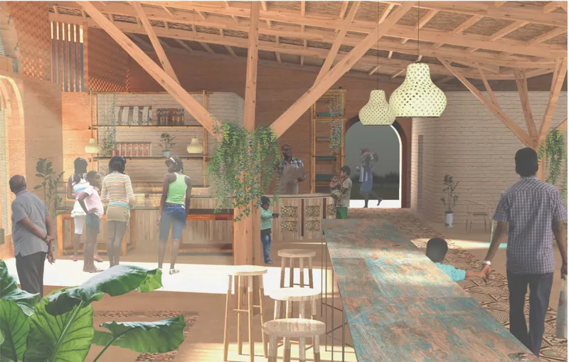 The café interior extends the project’s community role through natural materials, planting, and shared social space.
