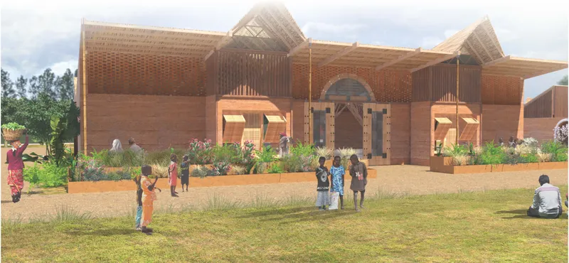 The chapel façade combines bamboo screens, clay walls, and generous roof overhangs for a climate-responsive identity.