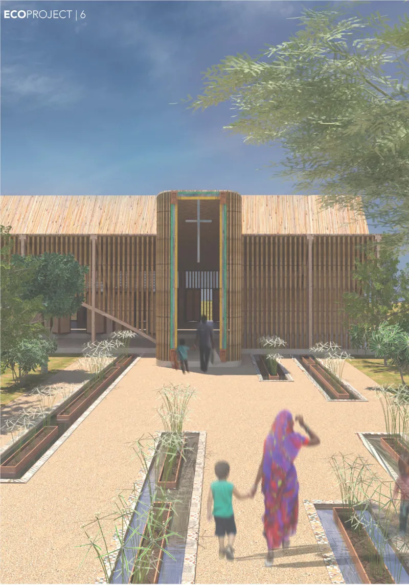 A planted approach frames the chapel entrance, connecting worship with water collection and landscape restoration.