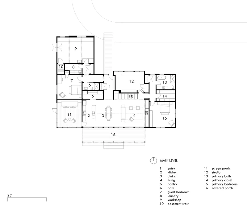 Floor plan drawing showing a spread arrangement of rooms around central kitchen, dining, and living spaces with covered porch
