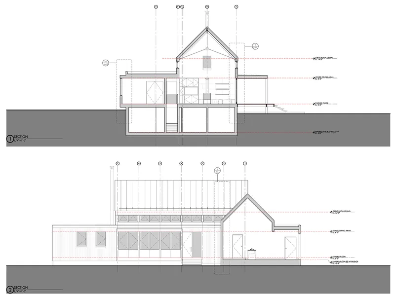Section and elevation drawings illustrating the pitched-roof volume connected to a flat-roofed wing with clerestory windows