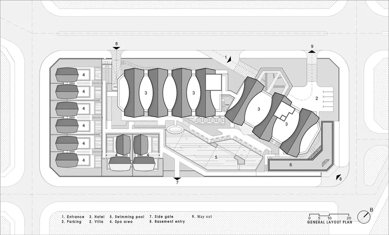Site plan drawing showing hotel tower, villas, pool facilities and parking arranged across the complex
