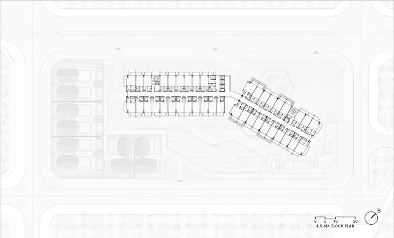 Fourth and fifth floor plan showing the rectangular bar as a linear series of units