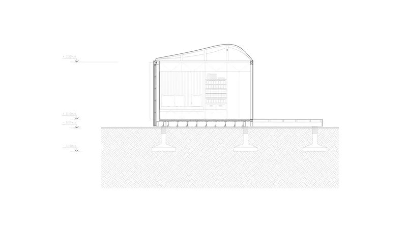 Section drawing showing arched volume on grade with timber deck extending from the interior