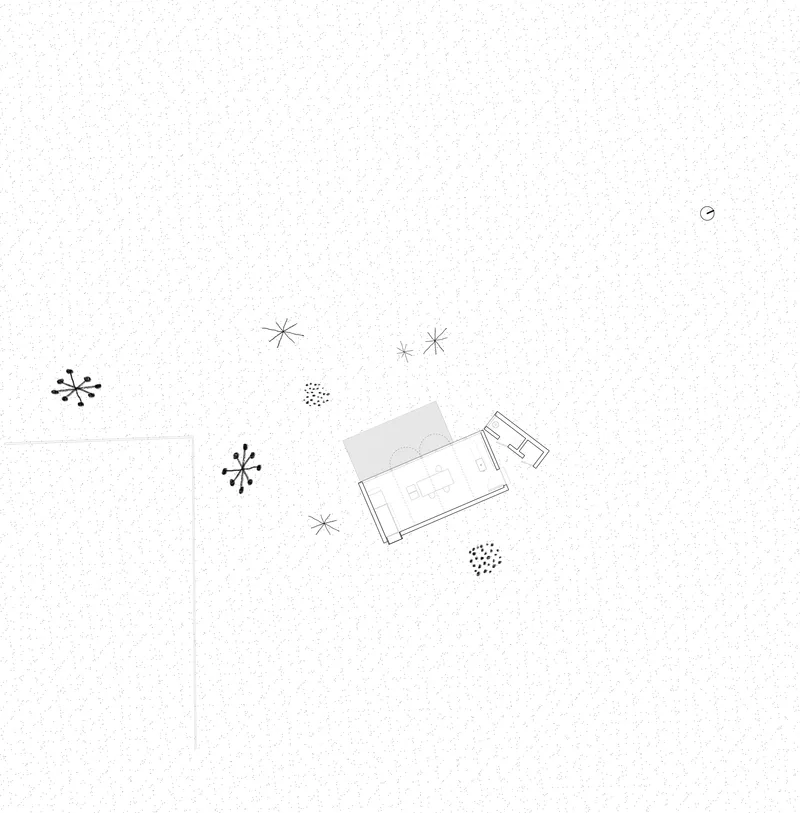Site plan drawing showing rectangular volume among scattered trees in open landscape