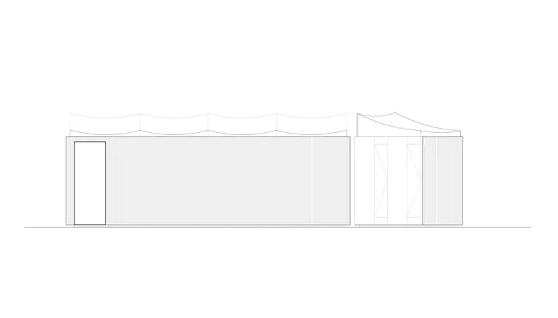 Elevation drawing showing two volumes with curved and pitched rooflines connected side by side