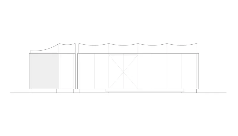 Elevation drawing showing paired volumes with curved and gabled roofs and vertical cladding