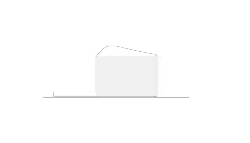 Elevation drawing showing single volume with asymmetric curved roof and vertical cladding