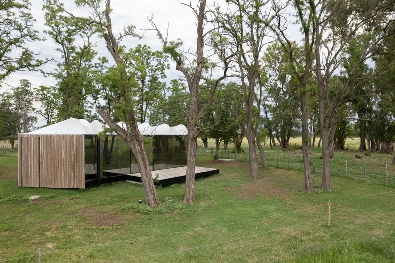Two timber-clad pavilions connected by a deck nestled between existing trees under overcast skies