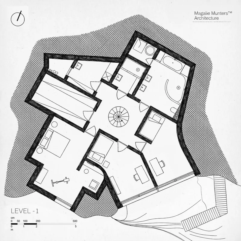 Floor plan drawing of level minus one showing bedrooms arranged around a central spiral stair