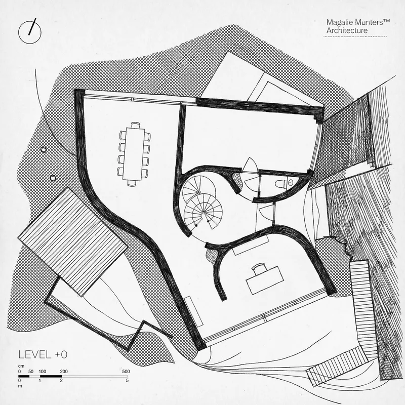 Floor plan drawing of level zero showing dining and living areas with curved walls