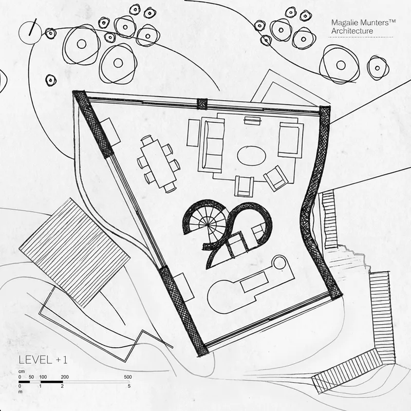 Floor plan drawing of level plus one showing open living space with surrounding landscaping indicated