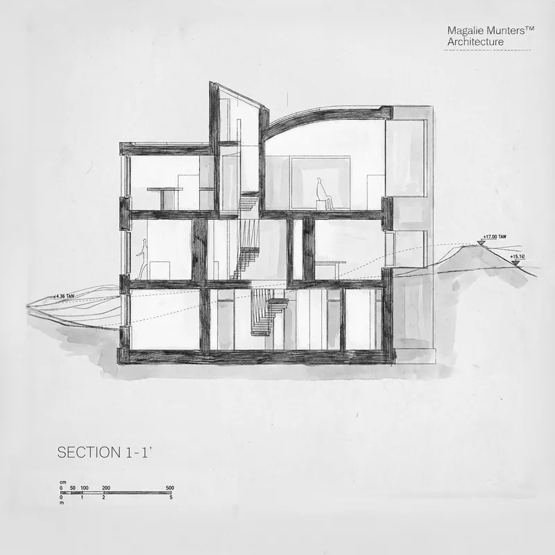 Section drawing showing four levels with staircases connecting rooms and sloping terrain to the right
