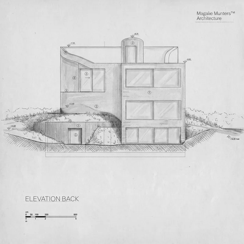 Back elevation drawing showing windows and cylindrical tower set into a hillside with vegetation