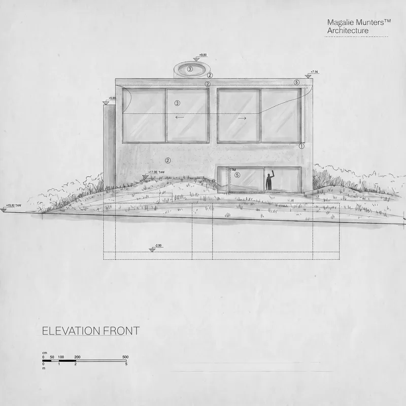 Front elevation drawing showing glazed upper level with rooftop element and sloping grass below