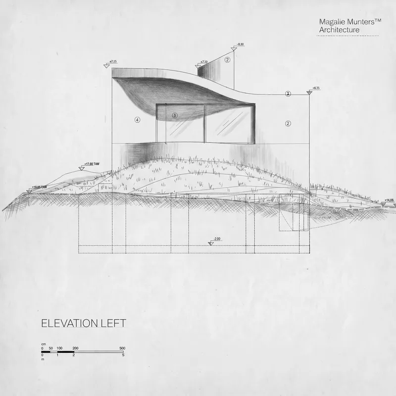 Elevation drawing showing a curved roof structure emerging from a sloping landscape with annotated dimensions
