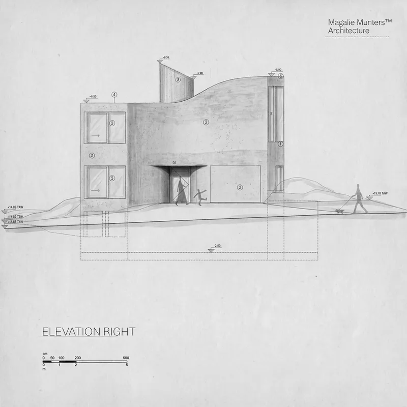 Elevation drawing depicting a multi-level facade with rectangular openings and a central triangular entrance