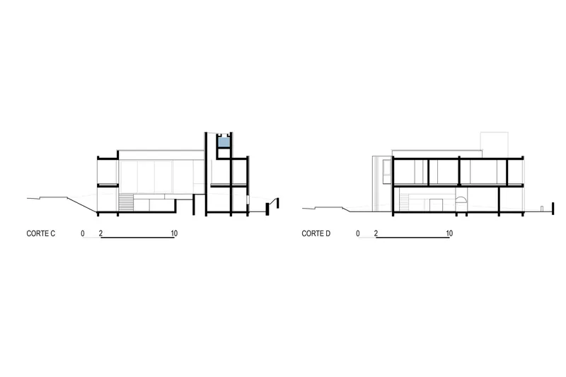Section drawings showing transverse cuts through the two-story volume and sloping topography