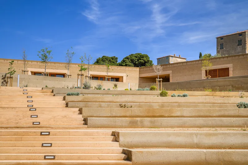 Sunlit terraced steps with embedded strip lights and scattered plantings leading up to the low concrete building